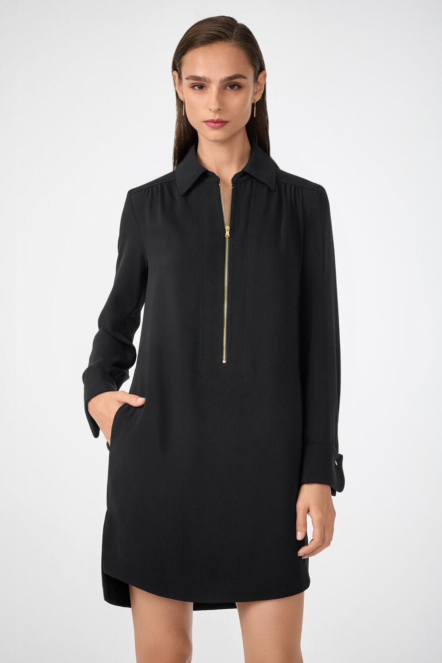Trina Turk Darya Long Sleeve Dress Black Gold Zipper Detail Minimalist Small 4